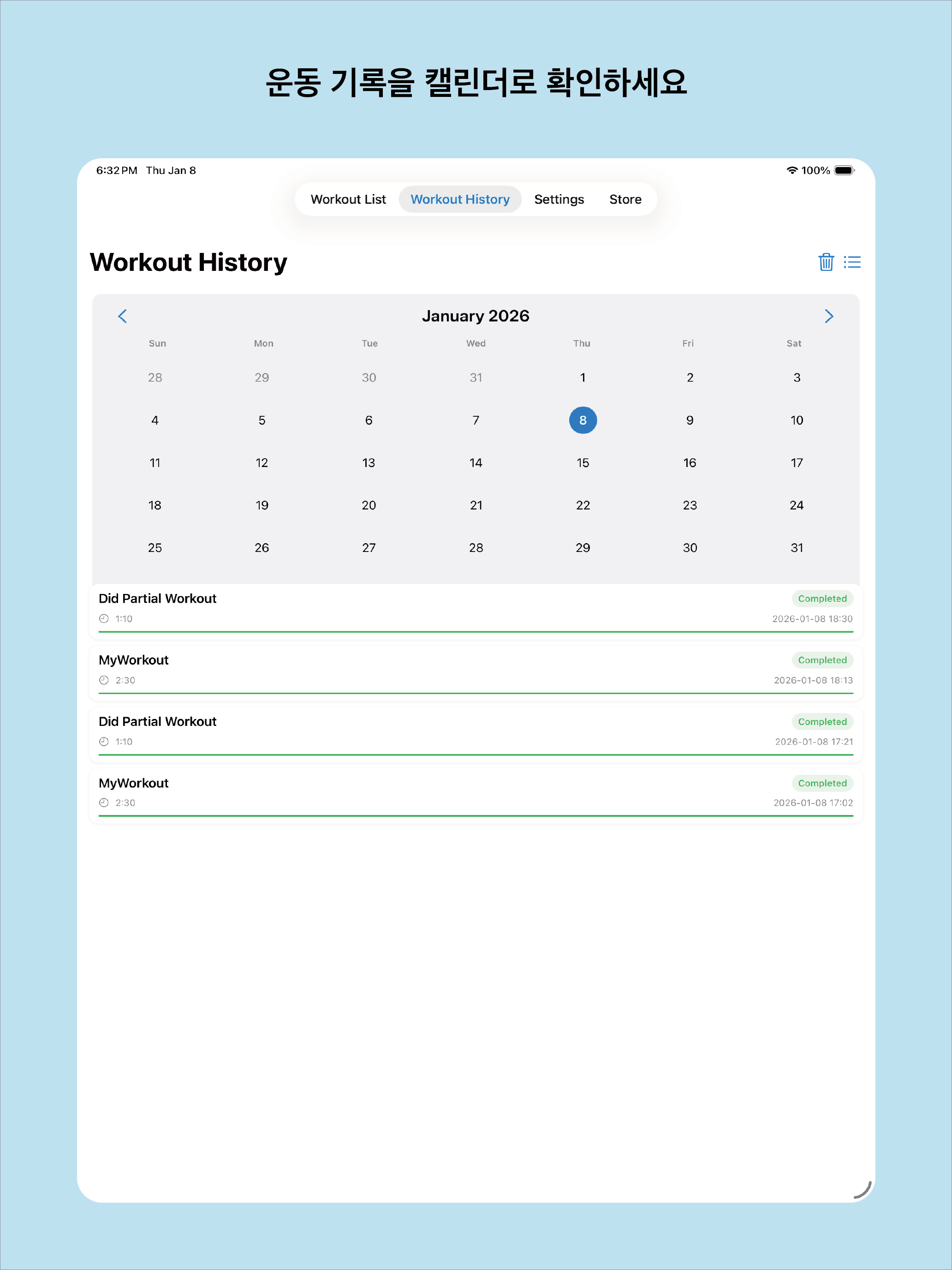 Workout History Calendar