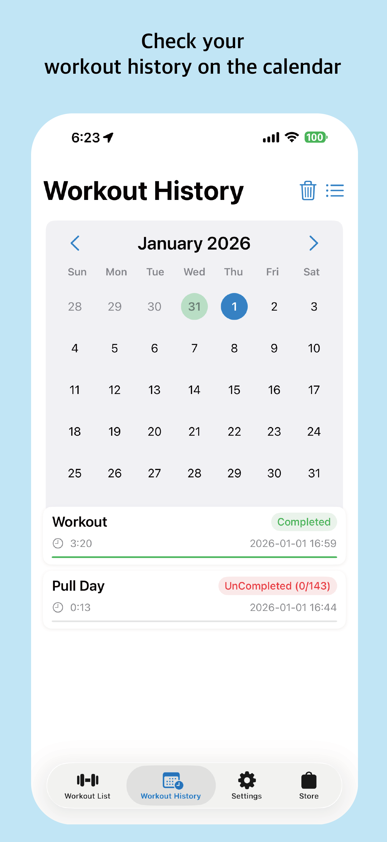 Workout History Calendar